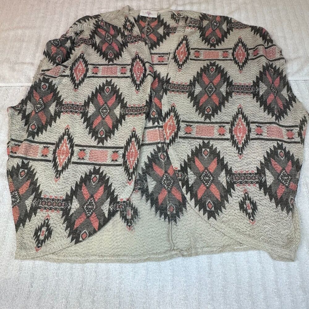 Blushed Cardigan Womens M Open Front Aztec Geometric Knit Sweater Boho Fall